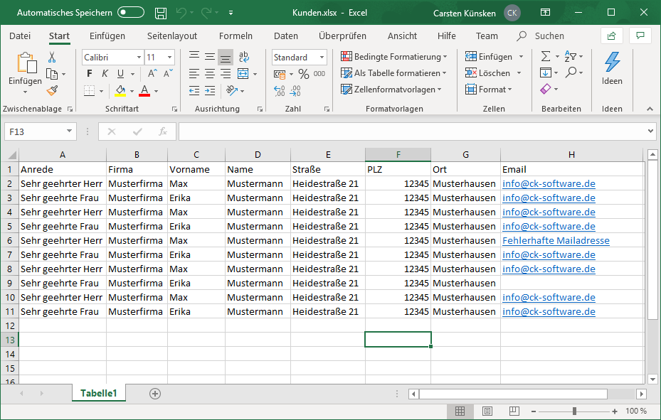 So extrahieren Sie E-Mail-Adressen aus einer Excel-Tabelle in Deutschland